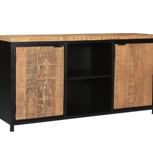 Dressoir Vardo. Mooi zwart metalen dressoir met mangohouten bovenblad en deurtjes. Bij Bouwie te koop voor een scherpe prijs