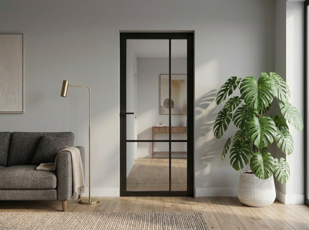 Zwarte staallook deur in een woonkamer