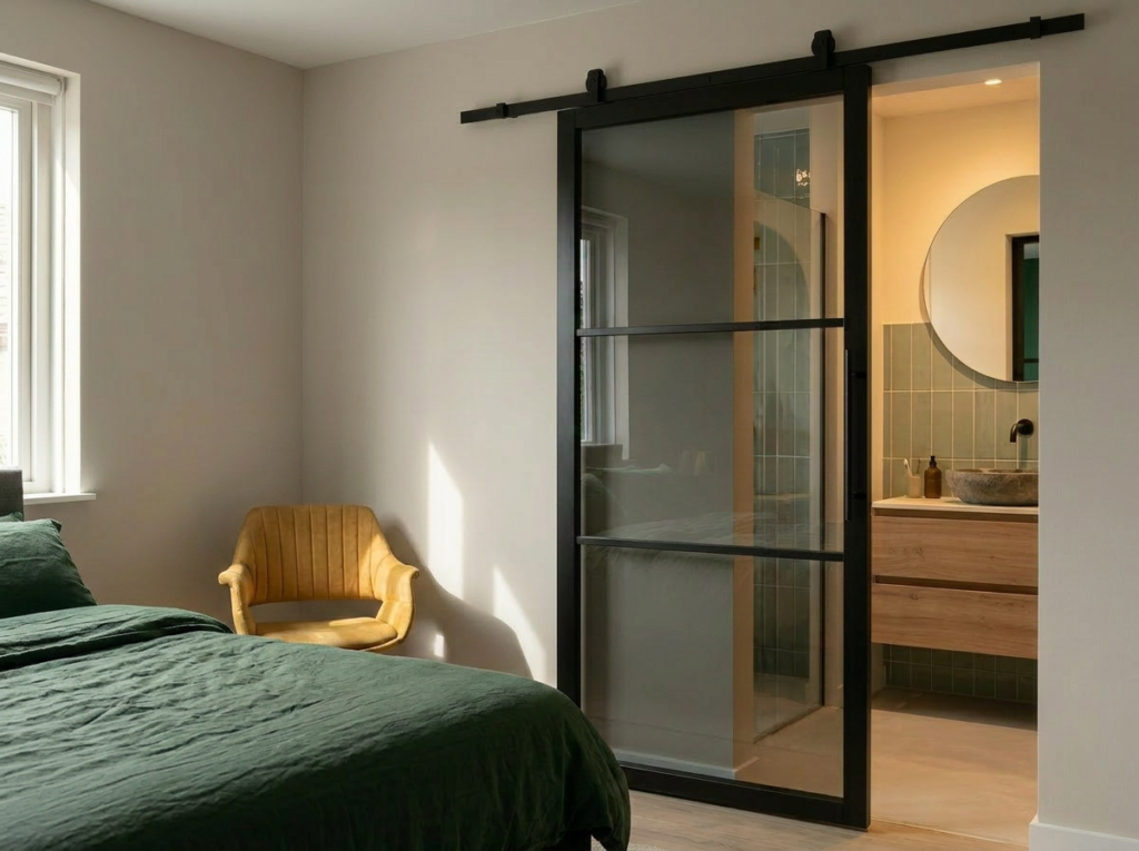 Staallookdeur met getint glas in een slaapkamer