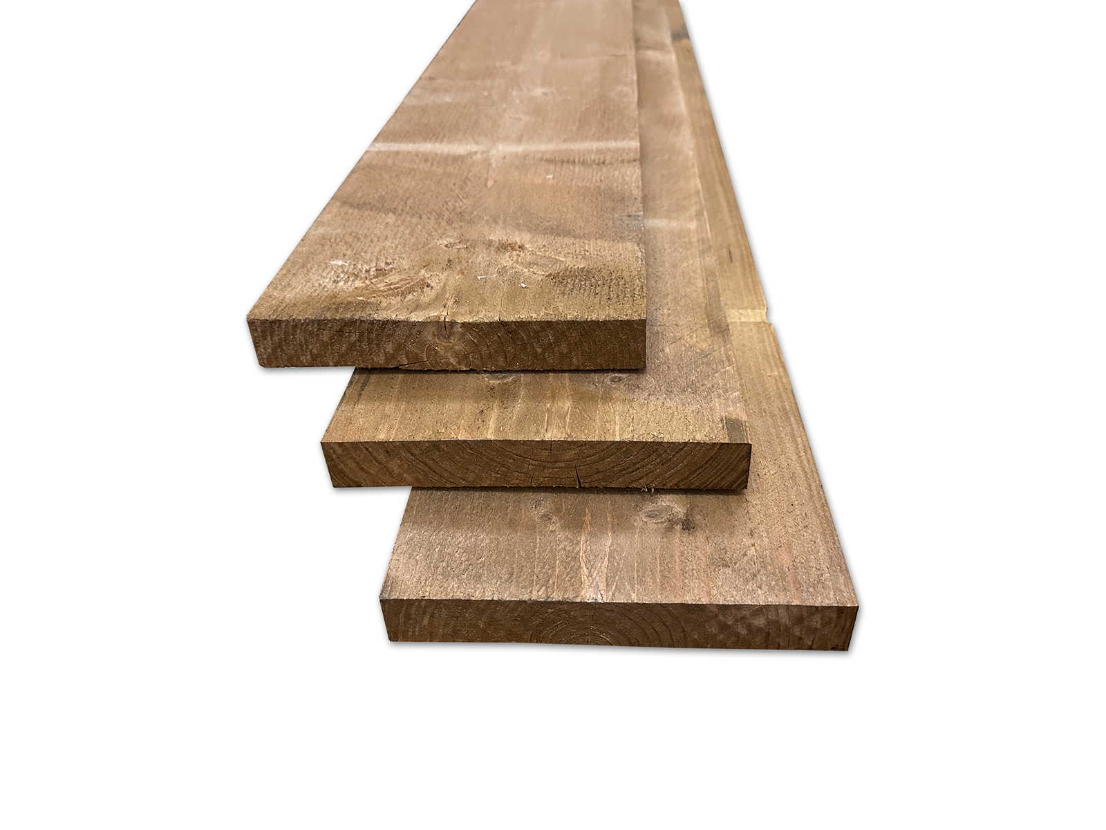 steigerplanken old grey, met een buin tint op elkaar gestapeld tegen een witte achtergrond