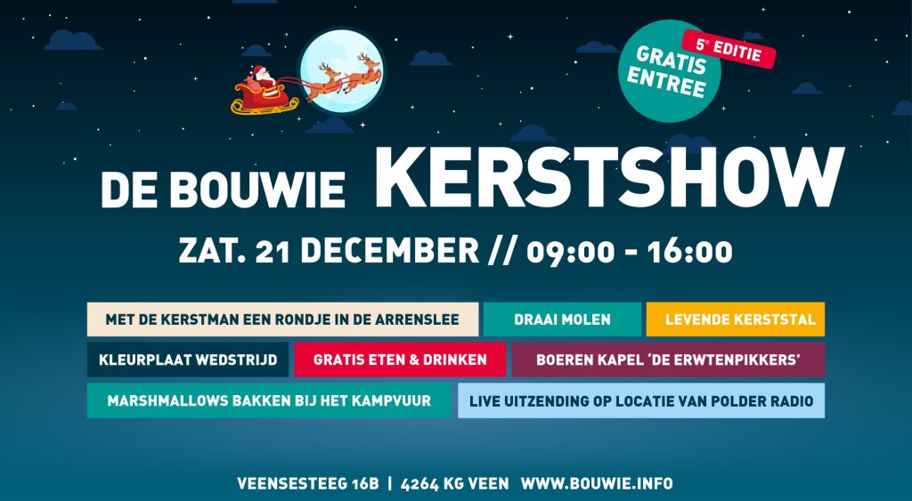 Aankondiging van de 5e editie van de kerstshow van Bouwie, met alle activiteiten vermeld in gekleurde vakken