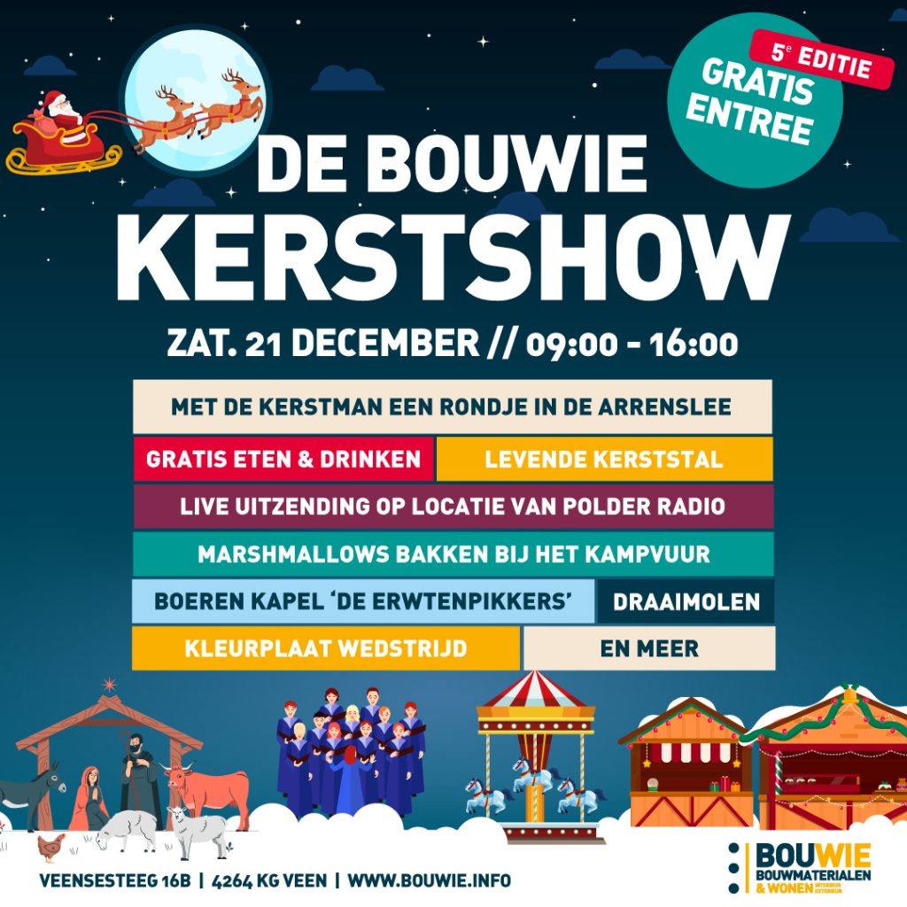 Aankondiging van de 5e editie van de kerstshow van Bouwie, met alle activiteiten vermeld in gekleurde vakken