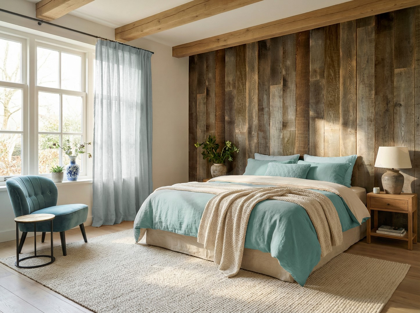 slaapkamer met barnwood planken paneel