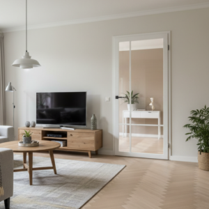 Een nederlandse woonkamer met een witte staal look deur, vloerkleed, meubels en een televisie