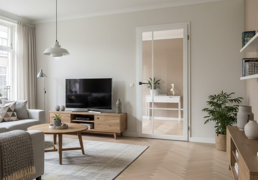 Een nederlandse woonkamer met een witte staal look deur, vloerkleed, meubels en een televisie